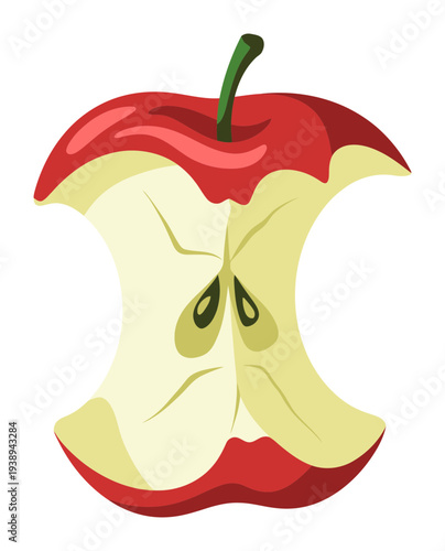 A single red apple core with a green stem against a white background