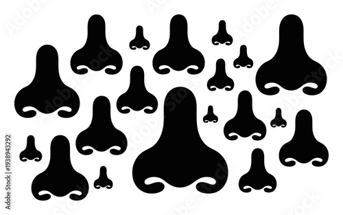 A Whimsical Collage of Black Silhouetted Noses of Various Sizes