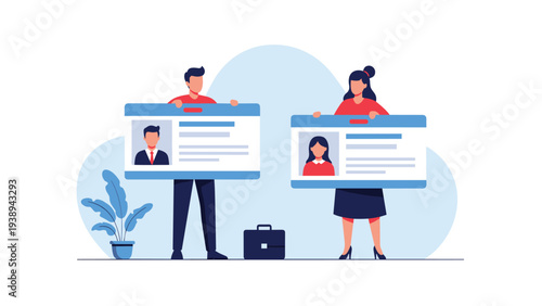 Professional man and woman in an office setting holding up giant personal identity cards representing employee profile and hr recruitment data.