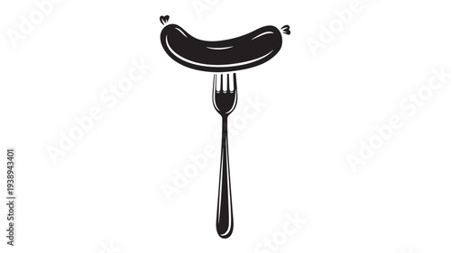 Sausage impaled on a fork with a simple black silhouette design for food illustrations and creative projects.