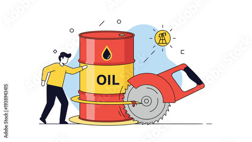 Man in a yellow sweater using a large circular power saw to cut through a red oil barrel representing the decline of the fossil fuel industry.
