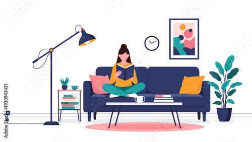 Young woman reading a book while sitting cross-legged on a comfortable sofa in a cozy and modern living room interior design.