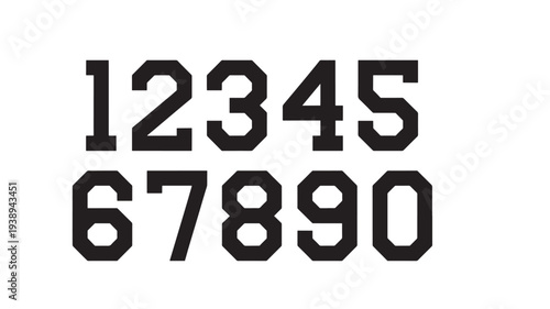 Numbers one through nine and zero, bold black sans-serif typeface in two rows on a white background, graphic design elements