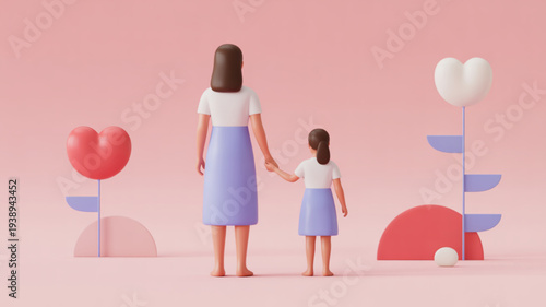 Mother and daughter walking together holding hands surrounded by heart shaped decorations and pastel colors in a minimalist 3d illustration
