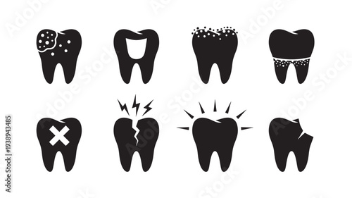 Set of eight black silhouette icons representing various dental conditions including decay, root canal, cavities, and chipped teeth.