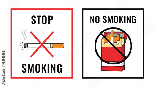 Two distinct no smoking sign designs featuring a crossed out cigarette and a prohibited cigarette pack for public safety awareness.