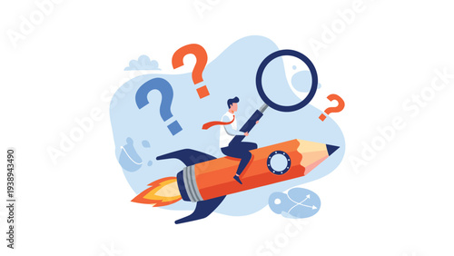 Determined businessman riding a creative pencil rocket while using a magnifying glass to search for new business opportunities.