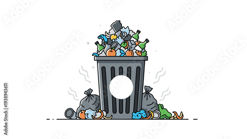Overflowing public trash bin filled with various types of garbage and waste bags, representing pollution and disposal issues.