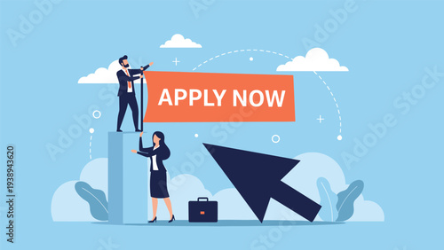 Business professionals placing an apply now banner on a digital platform, representing online job recruitment and hiring processes.
