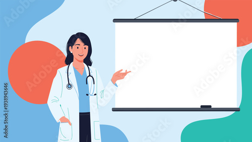 Smiling female doctor in a white coat and stethoscope standing next to a blank presentation whiteboard for medical information.
