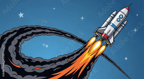 Rocket ship blasting off into starry night sky with vibrant flames