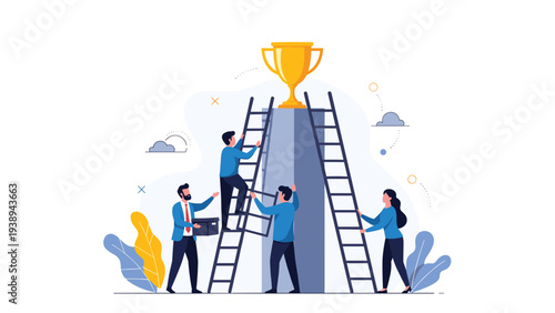 Ambitious team of people climbing multiple ladders to reach a giant golden trophy on a high pedestal, representing competition.