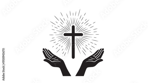 Cross icon with radiating lines and open hands, symbolizing faith, hope, and divine blessing in black silhouette.