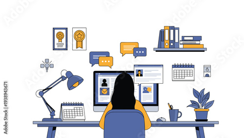 Human resources professional working at a desk, reviewing online candidate profiles on a large computer screen in a modern office.