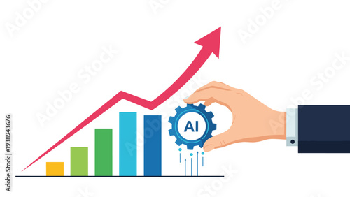 Corporate hand integrating an artificial intelligence gear into a rising business growth chart for improved financial performance.