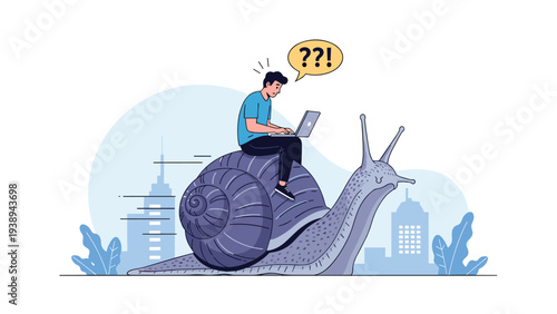 Frustrated man sitting on a giant snail while trying to work on his laptop, a humorous metaphor for slow internet connection speed.