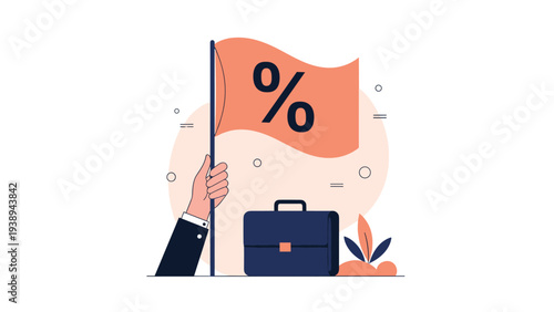 Hand holding a flag with a percentage symbol next to a briefcase, representing discount sales, interest rates, or financial commissions.