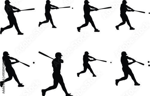 Silhouette of a baseball player in mid-swing, capturing the dynamic motion and athletic action of hitting a ball during a game.