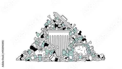 Monochromatic illustration of a massive pile of trash, garbage bags, and various waste items surrounding an overflowing bin.