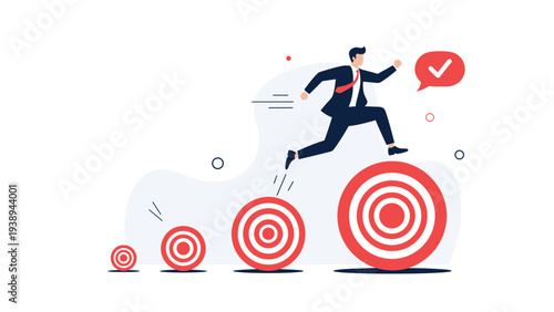 Determined businessman in a suit jumping over a series of circular targets to achieve final success and reach his business goals efficiently.