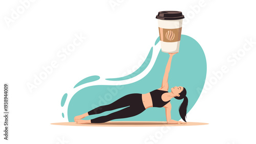Athletic woman performing a side plank yoga pose while balancing a large coffee cup on one hand representing energy and fitness.