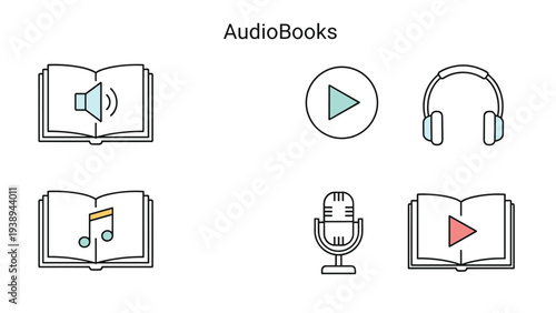 Collection of various colorful icons and symbols representing audiobooks including headphones, speakers, microphones, and digital playback buttons.