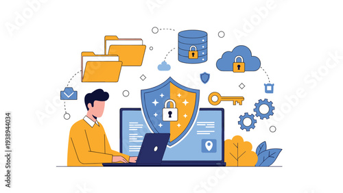 Professional man working on a laptop surrounded by various data security icons like shields, locks, keys, and cloud storage systems.