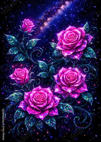 Vibrant pink roses with green leaves against a starry night sky background with a beam of light shin