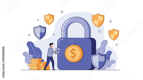 Small man standing next to a giant blue padlock with a golden dollar coin representing financial security and protected wealth assets.