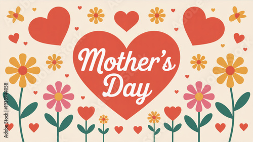 Mother's day celebration with colorful flowers and hearts on a beige background festive and loving