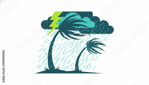 Illustration of palm trees swaying violently under a stormy sky with lightning and heavy rain, symbolizing a powerful natural disaster