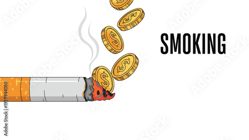 Cigarette burning and emitting smoke with several golden coins falling into it symbolizing the high financial cost of smoking habits.