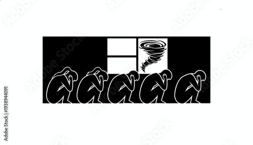 Stylized depiction of people huddling in fear and distress beneath a looming tornado, symbolizing vulnerability and the overwhelming power of natural disasters