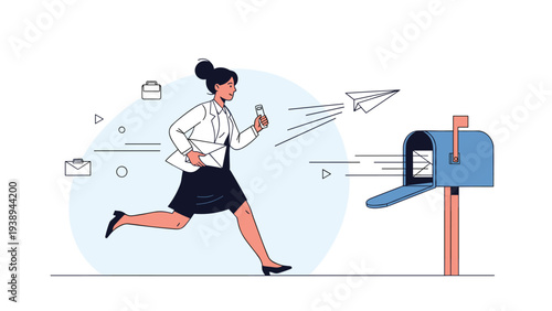 Determined businesswoman running fast to deliver urgent letters and documents to a roadside mailbox for quick communication.