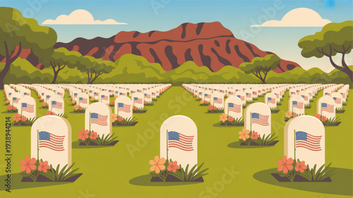 Patriotic military cemetery with american flags on gravestones serene landscape with mountains and trees symbolizing respect and remembrance