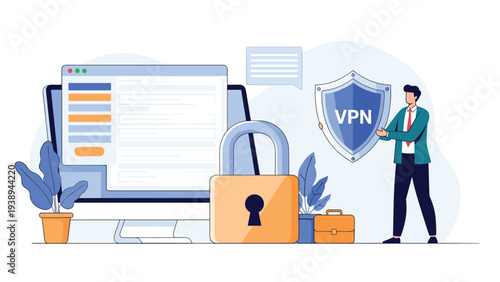Professional man holding a large VPN security shield next to a computer screen with a padlock symbolizing private internet access.