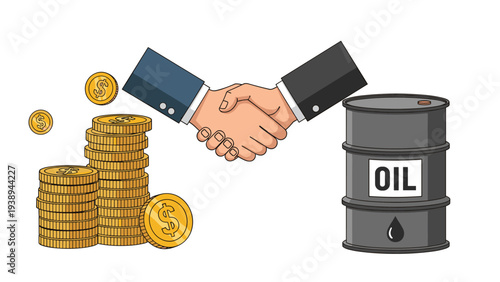 Close-up of two businessmen shaking hands above a barrel of crude oil and stacks of gold coins symbolizing international energy trade.