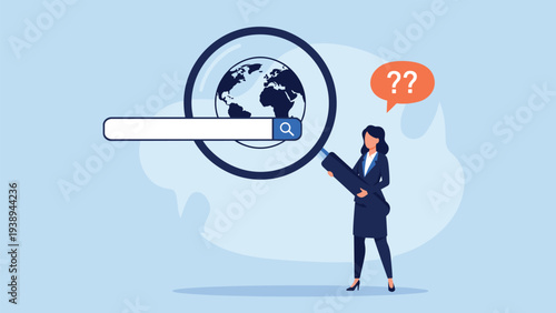 Professional woman using a giant magnifying glass to search for global information through a web browser search bar icon.