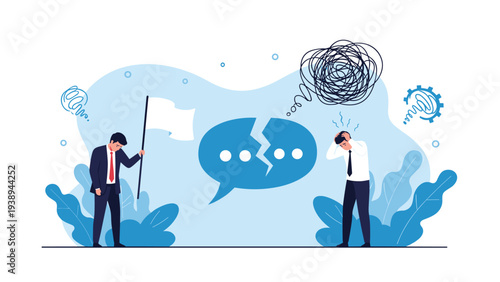 Two businessmen standing on opposite sides of a giant broken speech bubble representing a communication breakdown and disagreement.