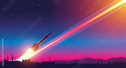 Rocket launching into starry night sky with vibrant colorful trails