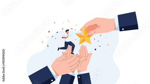 Happy businessman jumping for joy as multiple giant hands present him with a large golden star award for his excellent performance.