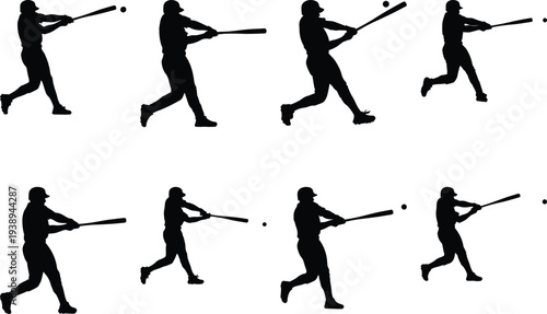 Eight distinct poses of a baseball player swinging a bat, showcasing the full range of motion and athletic form in a clean silhouette.