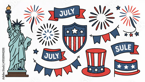 Patriotic american independence day symbols and icons statue of liberty fireworks banners hat