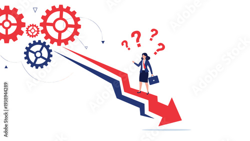 Stressed businesswoman standing on a sharp downward-pointing arrow next to giant gears representing economic decline and business failure.