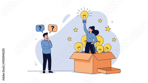 Creative woman standing in a box holding up a glowing light bulb among others representing unique ideas and innovation in business.