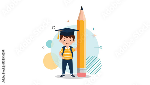 Adorable little boy wearing a graduation cap and backpack standing next to a giant yellow pencil representing school education and success.