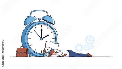 Exhausted businessman lying on floor next to a giant alarm clock holding a white flag to surrender to a deadline.