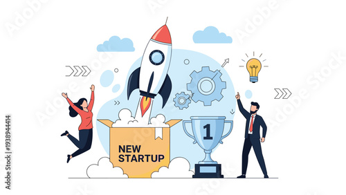 Successful startup company launch concept with rocket coming out of a box as diverse people celebrate a victory.