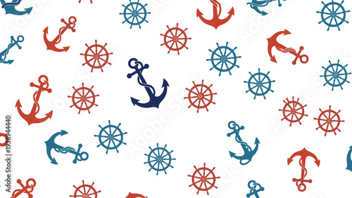 Seamless nautical pattern design featuring red and blue anchors and ship steering wheels on a white background.