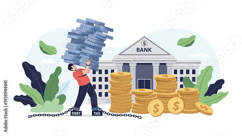 Man struggling to carry heavy coins while chained to debt and taxes in front of a bank building for finance concept.